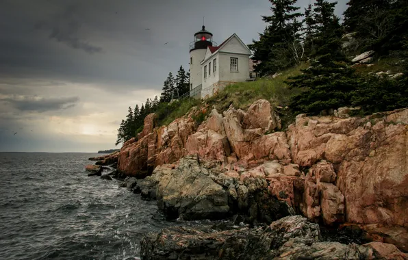 The sky, rocks, lighthouse, after the rain, grey, USA, United States, state