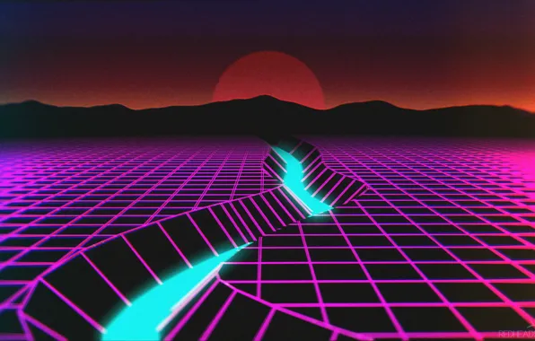 The sun, Mountains, Music, River, Neon, Background, Retro, Synthpop