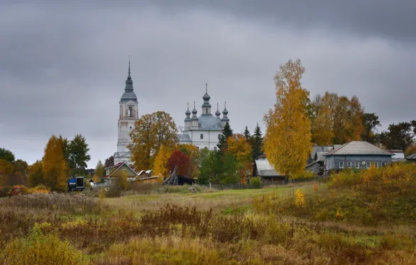 Autumn, village, Church, temple, house, Russia