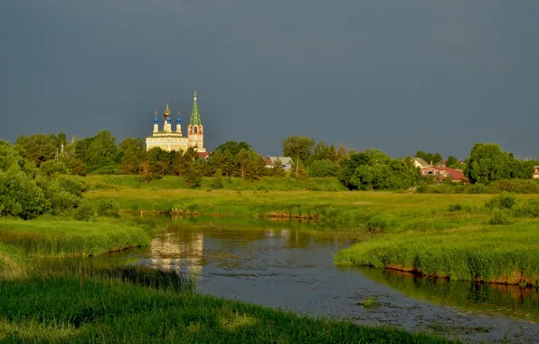 Picture house, Church, trees, shore, village, temple, lake, river