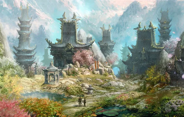 Water, snow, trees, mountains, building, petals, China, Blade and Soul