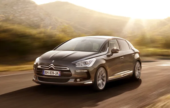 Picture road, citroen, the front, Citroen, ds5, дс5, mountains.the sun