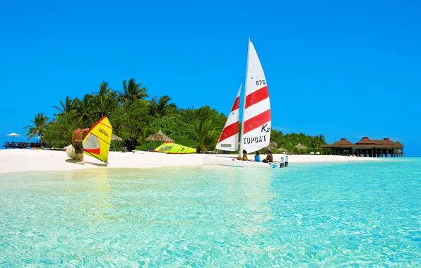Sea, the sky, palm trees, people, boat, island, sail, The Maldives