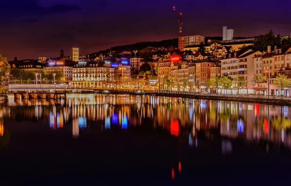 Night, the city, river, photo, home, Switzerland, Zurich