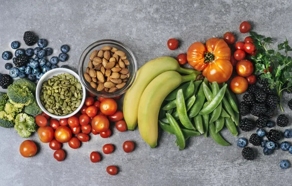 Picture banana, fruits, table, tomatoes, seeds