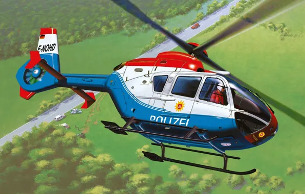 Picture art, airplane, helicopter, painting, aviation, EC-135 Polizei escala