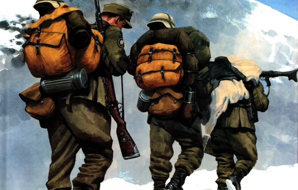 Snow, mountains, figure, soldiers, rifle, machine gun, ammunition, The second world war