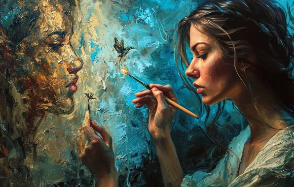 Girl, portrait, picture, brush, painting, artist, strokes, imitation painting