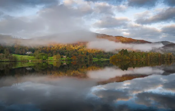 Autumn, mountains, fog, lake, England, Cumbria