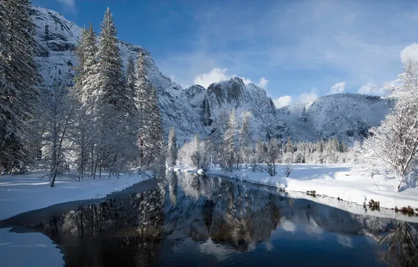 Picture winter, snow, trees, mountains, reflection, river, CA, California