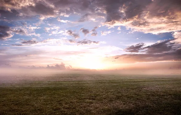Field, the sky, grass, clouds, landscape, nature, fog, sunrise