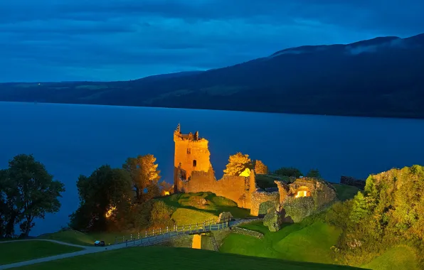Mountains, night, lights, lake, Scotland, Loch Ness, Urquhart castle