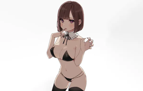 Picture girl, sexy, lingerie, bra, cleavage, panties, thighhighs, brown hair
