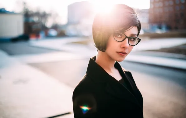 Girl, city, glare, sweetheart, portrait, brunette, glasses, sunshine