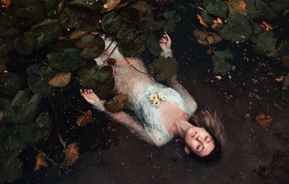 Water, girl, river, Lily, dress, Gulyaev Vitaly