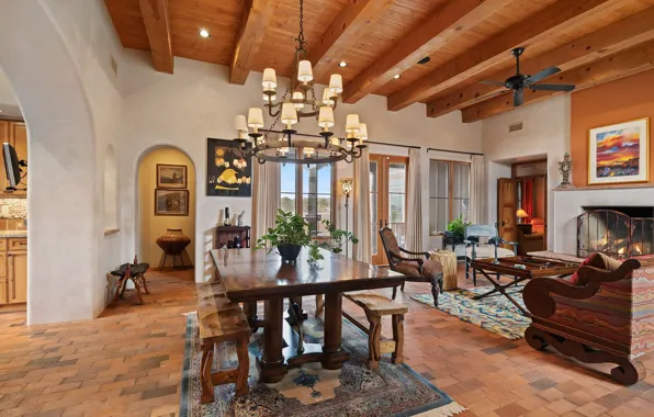 Interior, fireplace, living room, dining room, Santa Fe, colonial style, New Mexicо