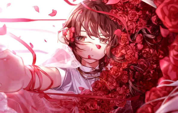 Wallpaper girl, rose, anime, art, fascinator, red background