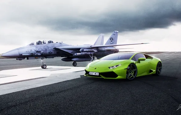 Picture Lamborghini, Green, Fighter, Lamborghini, Runway, Green, Supercar, Supercar