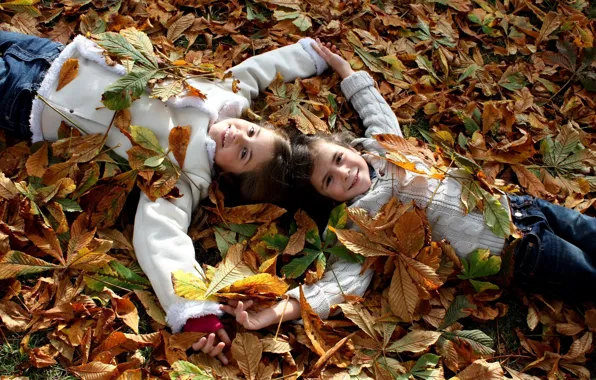 Autumn, leaves, joy, happiness, nature, children, mood, child