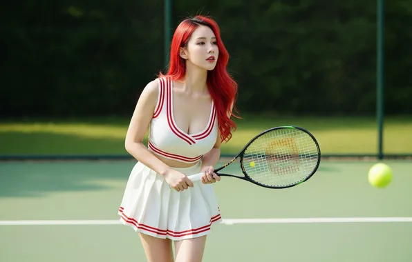 Redhead, ball, tennis court, tennis rackets, AI art, short clothes