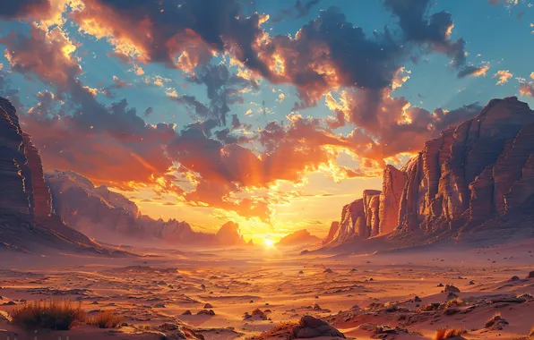The sun, Sand, Clouds, Grass, Rocks, Dawn, Digital art, AI art