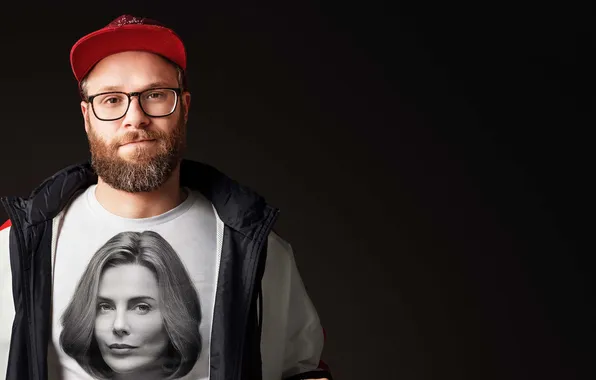Charlize Theron, portrait, glasses, jacket, t-shirt, beard, black background, baseball cap