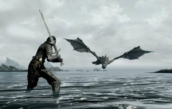 Picture sea, dragon, sword, warrior, the, skyrim, elder, scrolls