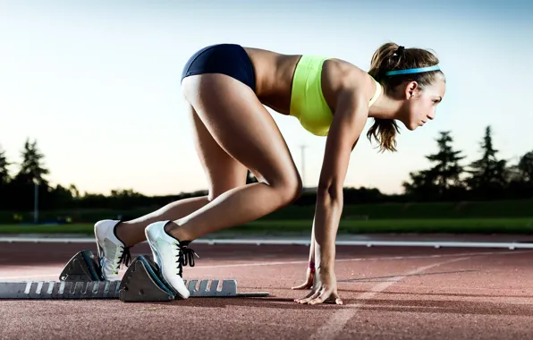 Picture woman, speed, track, pose, run, start, Training, concentration