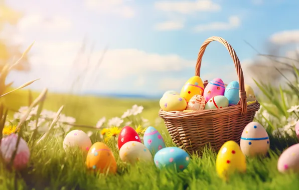 Flowers, basket, glade, eggs, spring, colorful, Easter, flowers