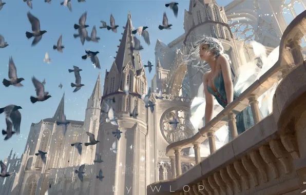 Picture girl, birds, the building, fantasy, art, pigeons, tower, balcony