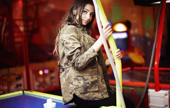 Picture girl, face, hair, hands, jacket, sitting, hoses, Darina