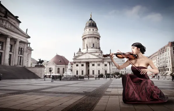 Picture girl, the city, violin, dress, brunette, area