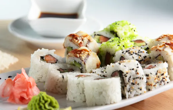 Food, figure, rolls, wasabi, Japanese cuisine, ginger, soy sauce