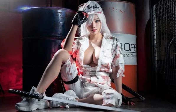 Wallpaper Character, Sword, Girl, Cosplay, Manga, White clothes, Barrels, Cells at Work