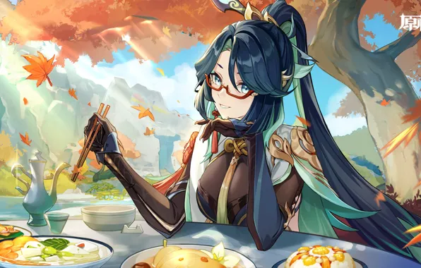 Autumn, smile, table, food, sticks, glasses, long hair, fun