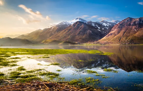 The sky, grass, water, landscape, mountains, nature, lake, Italy