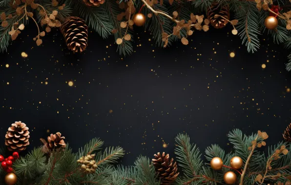 Balls, branches, berries, the dark background, sequins, fruit, Christmas, New year