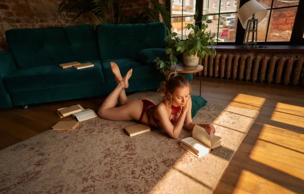 Ass, sexy, pose, sofa, model, panties, books, Windows