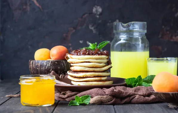 Breakfast, juice, pancakes, jam, orange, apricot