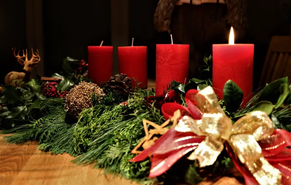 Winter, branches, the dark background, table, holiday, candle, candles, deer