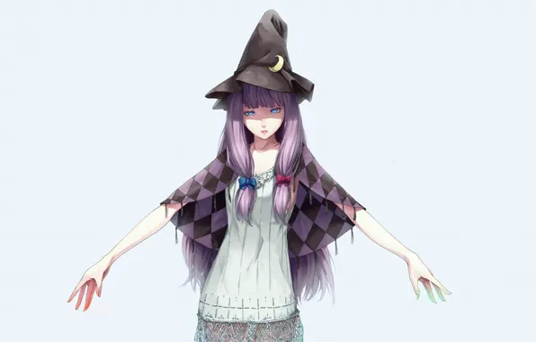 Picture hands, bows, blue eyes, jacket, Cape, art, blue background, witch hat