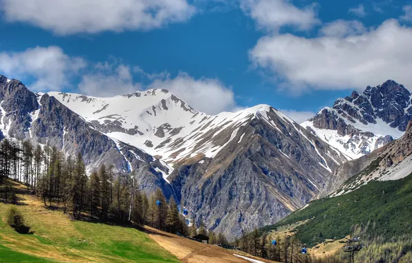 Forest, clouds, snow, mountains, lift