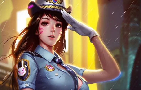 Girl, Police, Hat, Brown Eyes, Long Hair, Brown Hair, Uniform, Overwatch