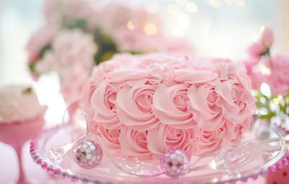 Pink, ball, cake, garland, cake, cream, pink, sweet