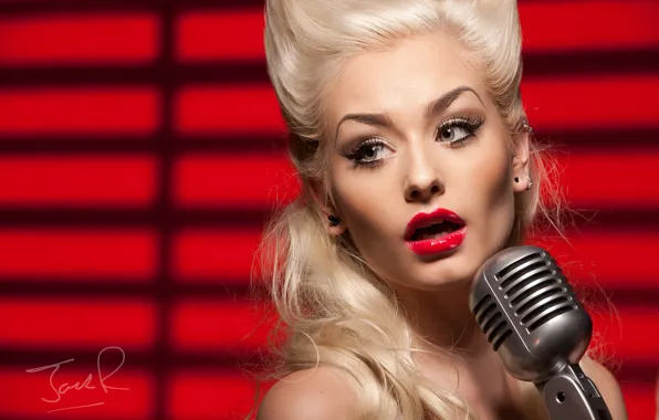 Picture girl, face, blonde, microphone, singer, red lipstick, Romanie Smith