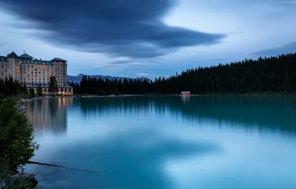 Forest, lake, the building, Canada, Albert, the hotel, Alberta, Lake Louise