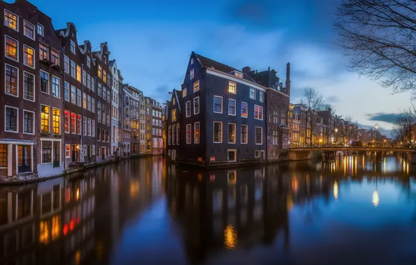 Water, light, the city, lights, home, the evening, Amsterdam, channel
