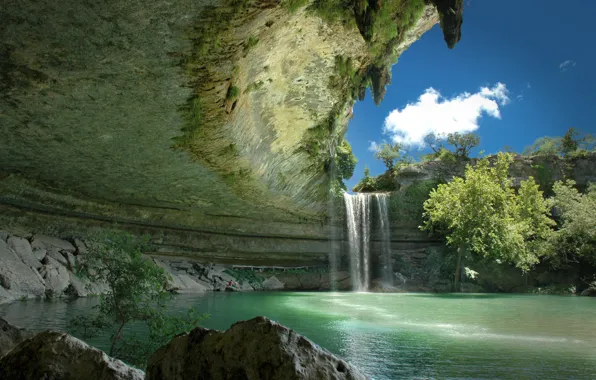 The sky, water, trees, waterfall, cloud, gorge, Hamilton Pool Preserve, underground lake