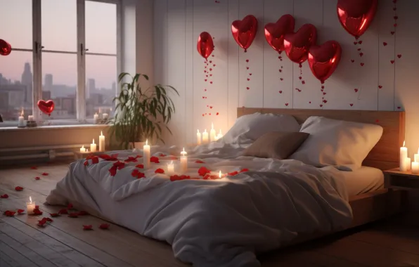 Love, balloons, room, holiday, heart, bed, interior, candles
