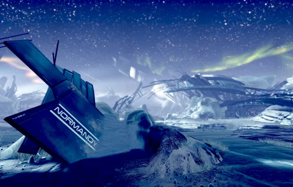 Picture space, stars, snow, ship, planet, the crash, the skeleton, ruins